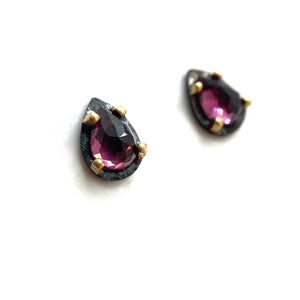 Carved Teardrop Studs - Rhodonite Garnet-Earrings-Heather Guidero-Pistachios