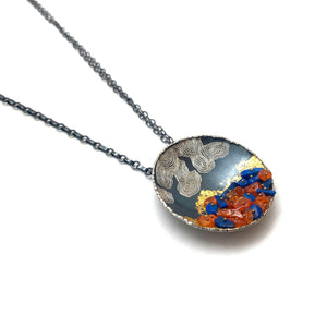 Lapis and Carnelian Sterling Silver and Gilded Disc Pendant-Necklaces-So Young Park-Pistachios