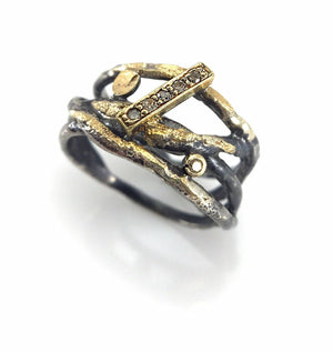 Oxidized Silver, Pave set Diamonds and 22k Gold Wrap Ring-Rings-Arthur Ragauskas-Pistachios