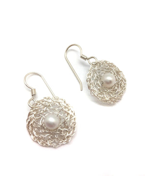 Small Silver Woven Circle Drops with Pearls-Earrings-Kathryn Stanko-Pistachios