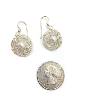 Small Silver Woven Circle Drops with Pearls-Earrings-Kathryn Stanko-Pistachios